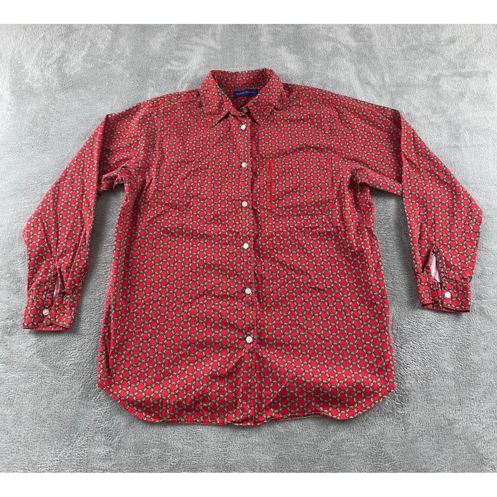 Karen Scott Mens Red Holly Berry Christmas Button‎ Down Shirt M Cotton Long Slv